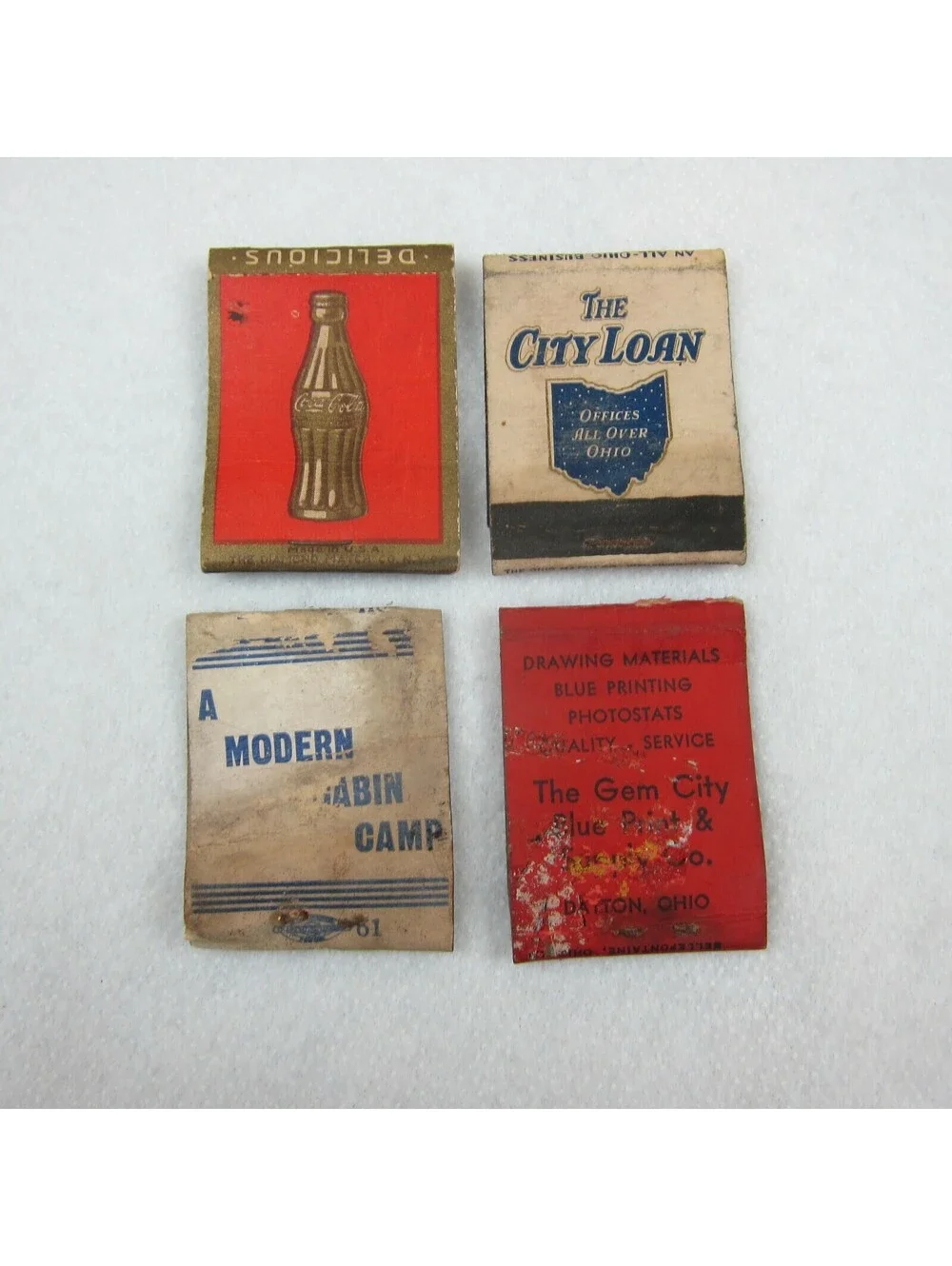 4 Vintage Matchbook Cover Coca Cola City Loan Gem City Blue Print McDonalds Camp